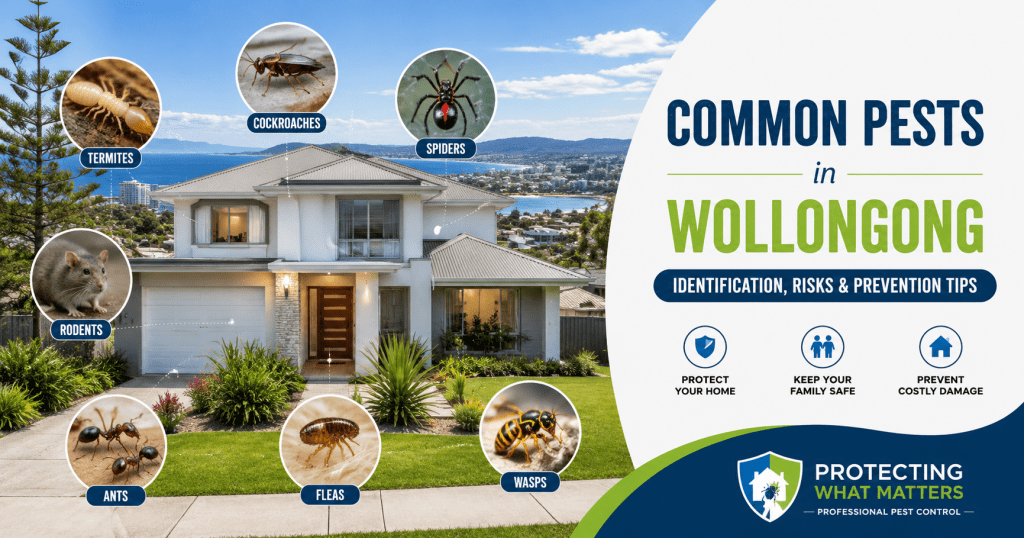 Common pests found in Wollongong including termites, cockroaches, spiders, rodents, ants, fleas, and wasps around a residential property.